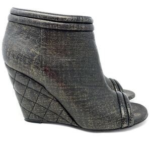 CHANEL GOLD BLACK OPEN TOE SHORT WEDGE BOOTIES SIZE 38.5 / US 7.5